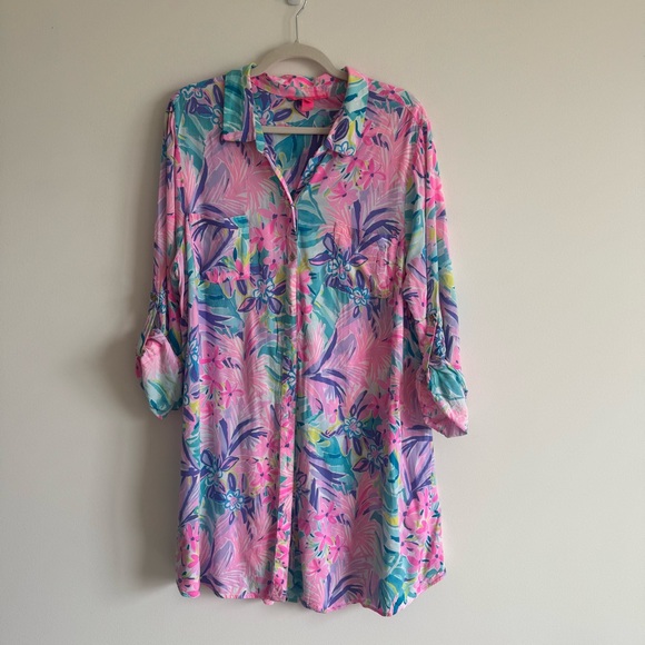 Lilly Pulitzer | Pink and Purple Natalie Floral Swim Cover-Up Shirt Dress ~ XL - Picture 4 of 9